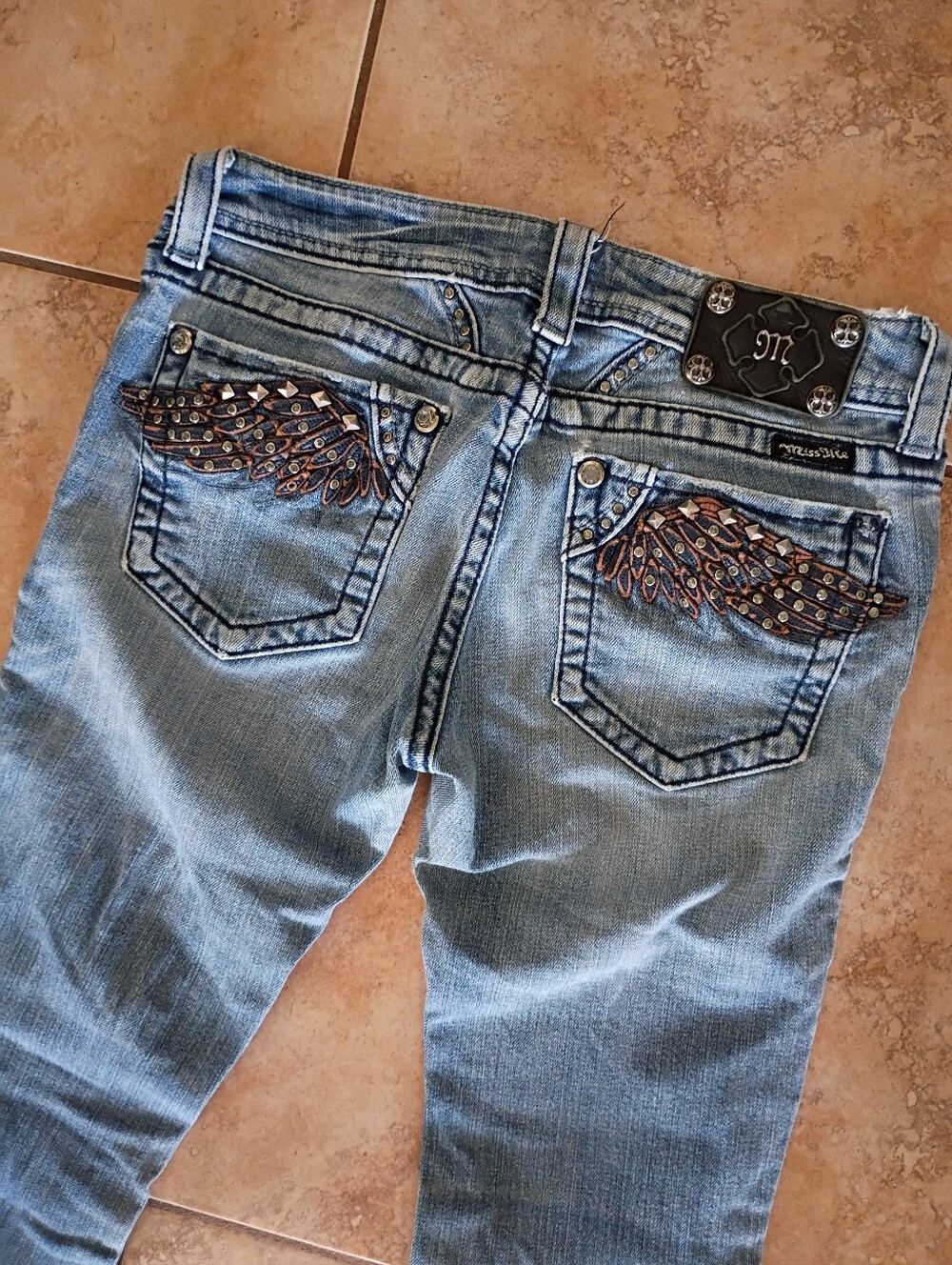 Miss Me Light Blue Skinny Jeans with Studded Wing Pocket Embroidery